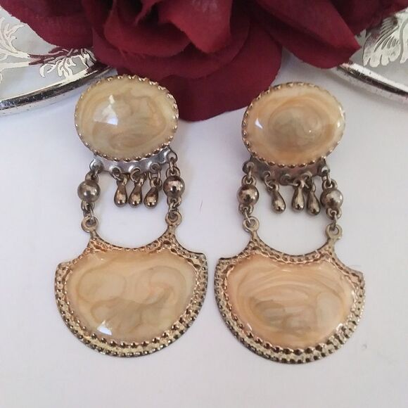 Earrings 1920s/Cloissonne look Vintage Chandelier/Pressed Metal Unique C… - Picture 2 of 13